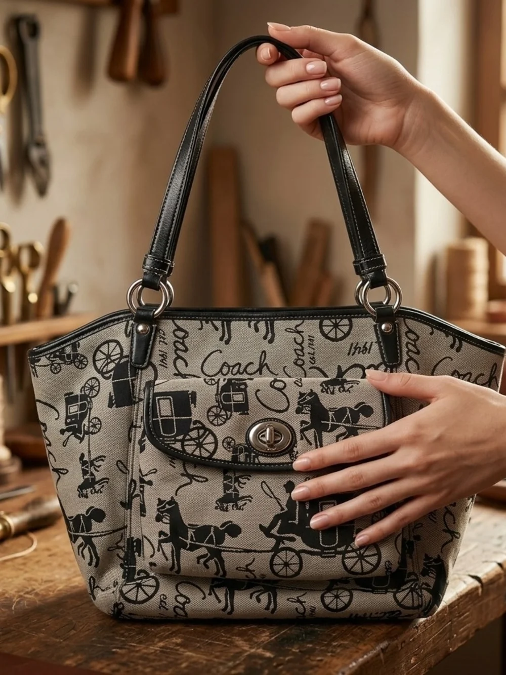 Coach Black and Cream Signature Horse & Carriage Shoulder Bag